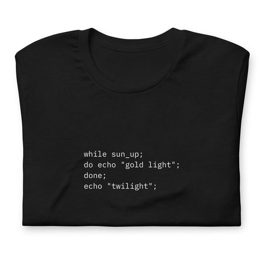 while sun_up; do echo "gold light"; done; echo "twilight";